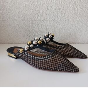 Aquazzura Black Mesh Pointed Toe Mules with Gold & Silver Studs